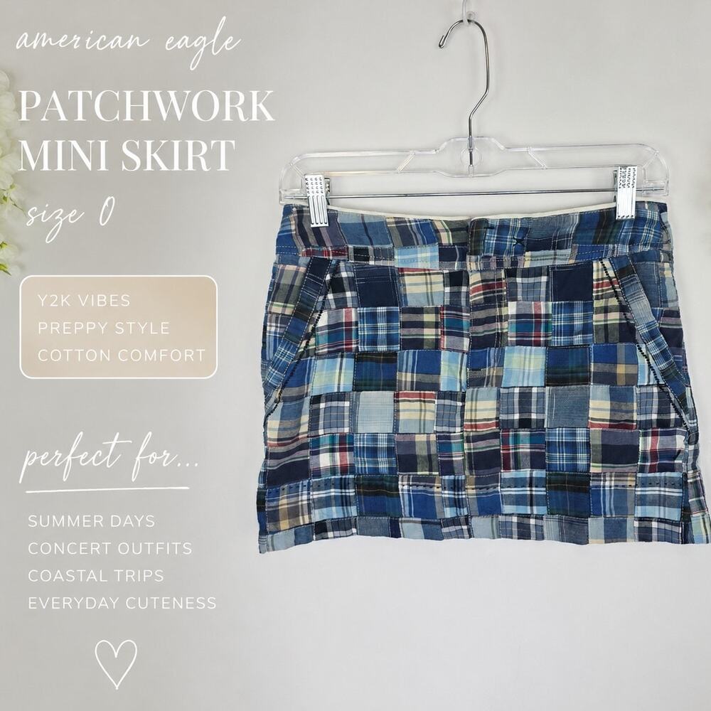 American Eagle Outfitters Patchwork Mini Skirt Size 0 Blue Plaid Y2K Preppy